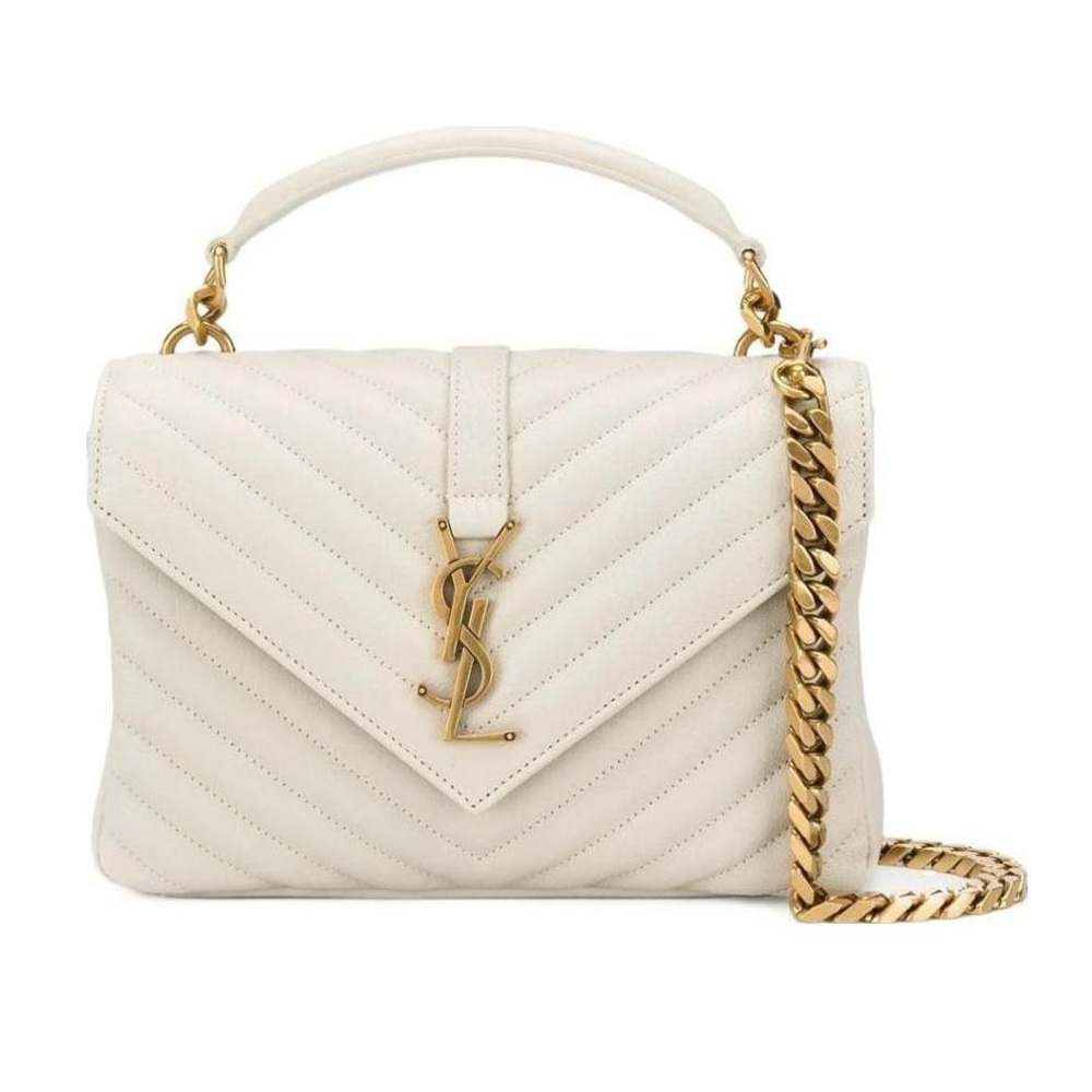 Saint Laurent White Quilted Shoulder Bag with Gold Chain